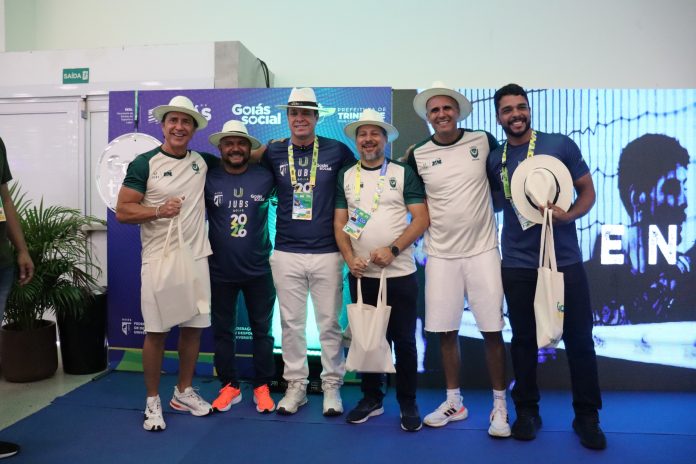 Luciano Cabral, Lusimar Santos e Marden Júnior no anúncio do JUBs Goiás 2026